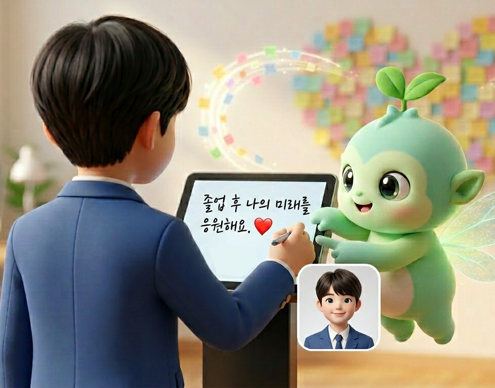 마음한줄 — 학생이 펜으로 메시지를 작성하는 장면